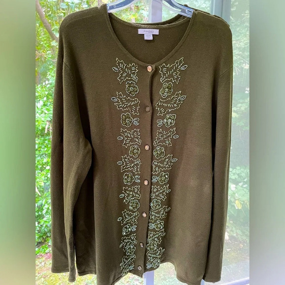 2pc Dress Barn Moss green sweater set. Embellished front & sleeve, button down. - Picture 1 of 7